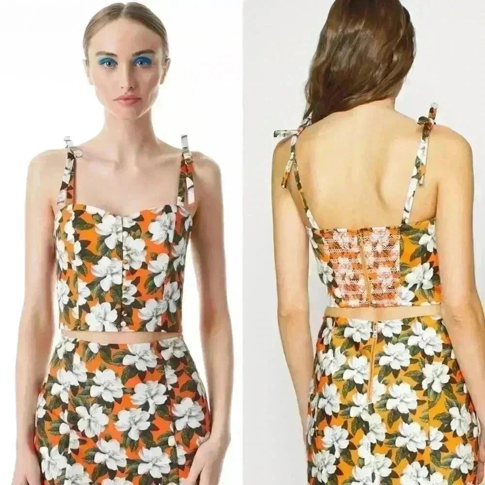 Alice + Olivia Orange Floral Cropped Tie-Strap Top
